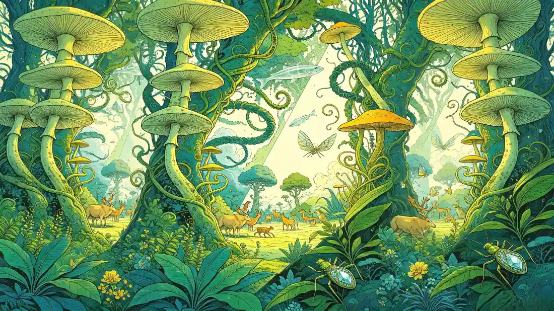 3k奇幻森林｜巨型蘑菇背景图片 - 童话秘境绿植插画「哲风壁纸」
