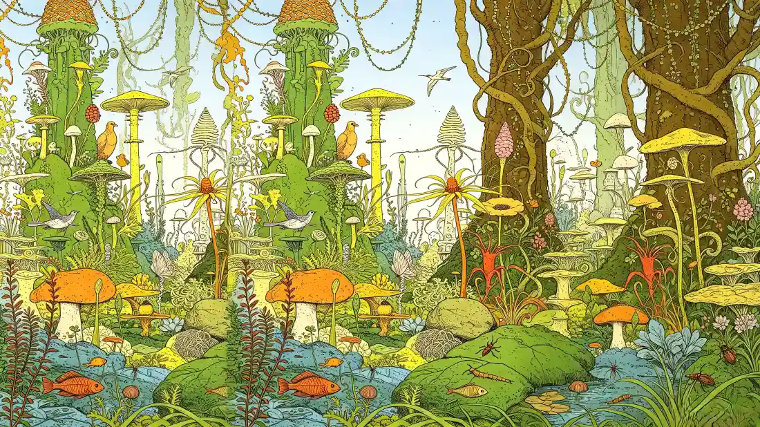 3k奇幻蘑菇森林壁纸｜溪流苔藓背景图片 - 童话秘境「哲风壁纸」