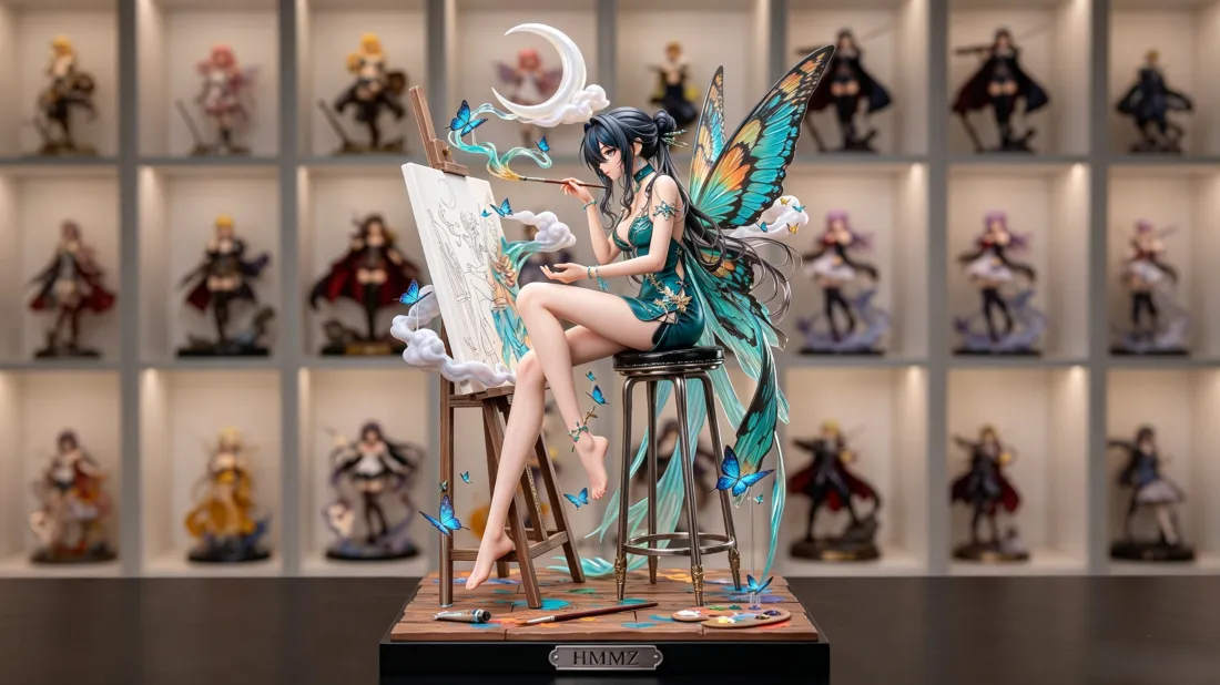 3k蝴蝶精灵少女手办｜绘画主题背景图片 - 青绿色蝶翼坐姿摆件「哲风壁纸」