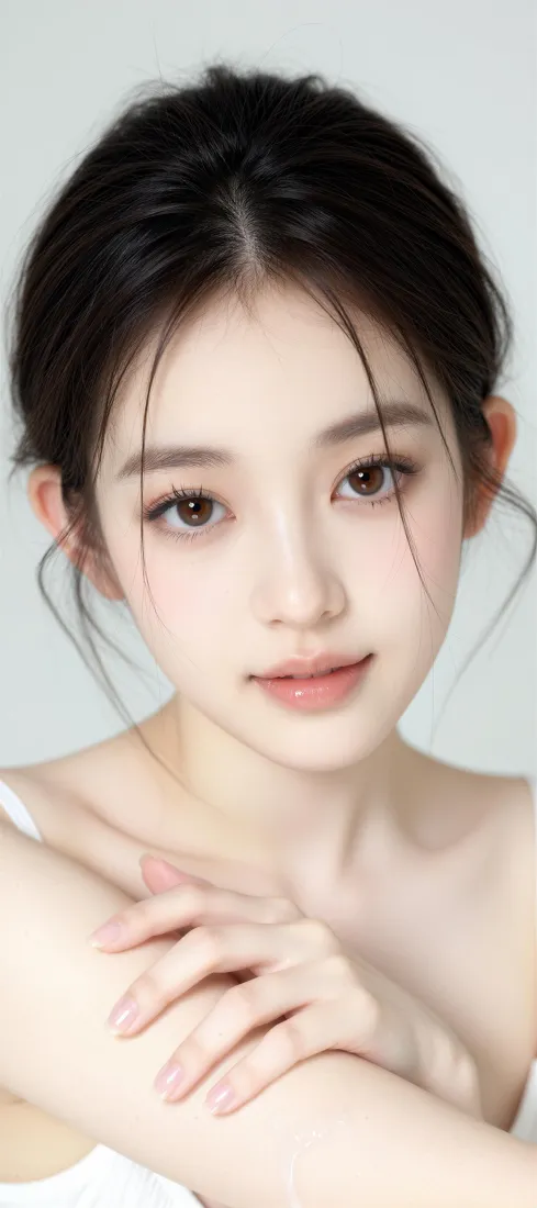 清纯美女手机壁纸｜简约背景图片 - 露肩黑发白肤「哲风壁纸」