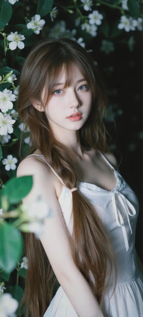 白衣少女手机壁纸｜白花绿叶背景图片 - 森系氛围感「哲风壁纸」