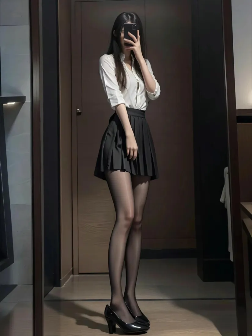 穿搭女生对镜自拍手机壁纸｜室内自拍背景图片 - 黑丝百褶裙造型「哲风壁纸」