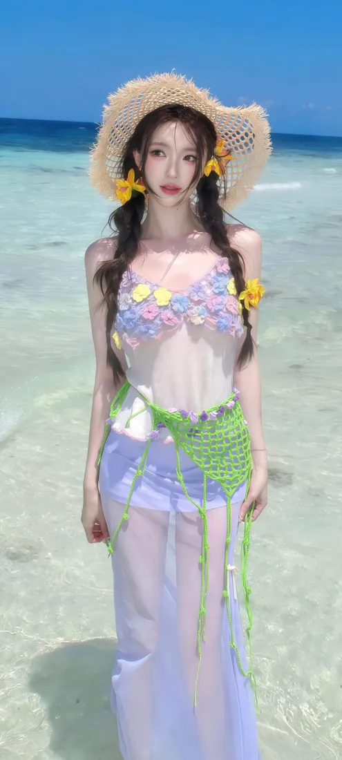 海边度假美女｜夏日沙滩背景图片 - 草帽花饰穿搭「哲风壁纸」