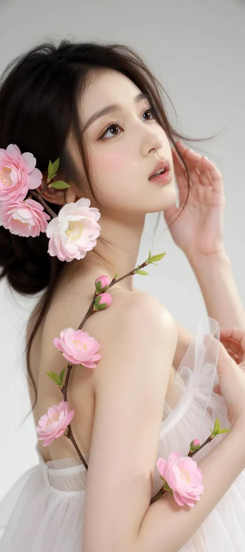 粉花少女手机壁纸｜露背白纱背景图片 - 氛围感写真「哲风壁纸」