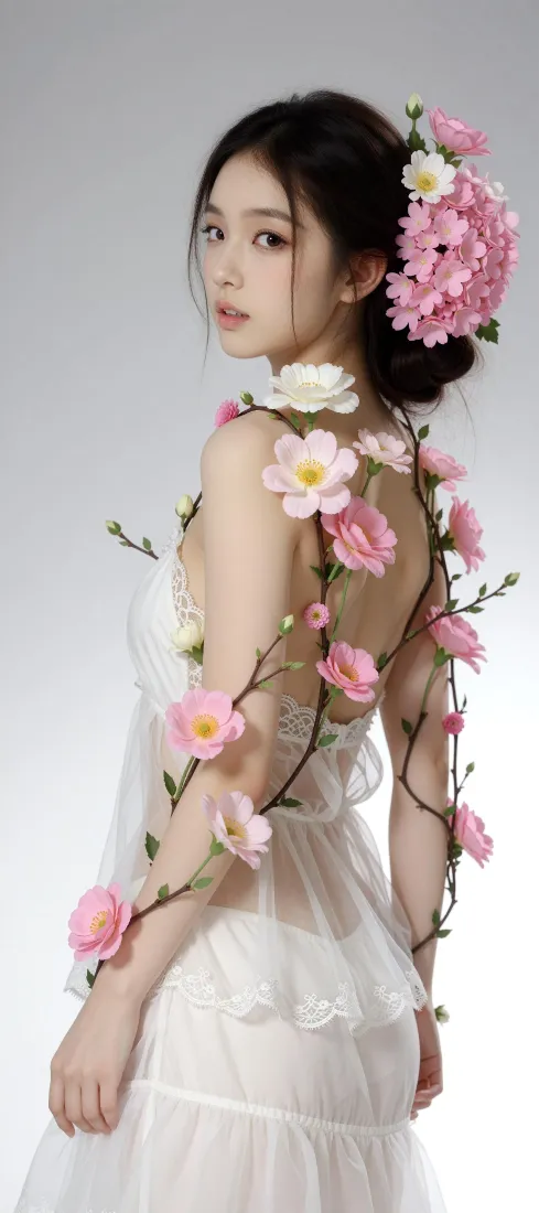少女写真｜花藤白纱背景图片 - 露背氛围感「哲风壁纸」