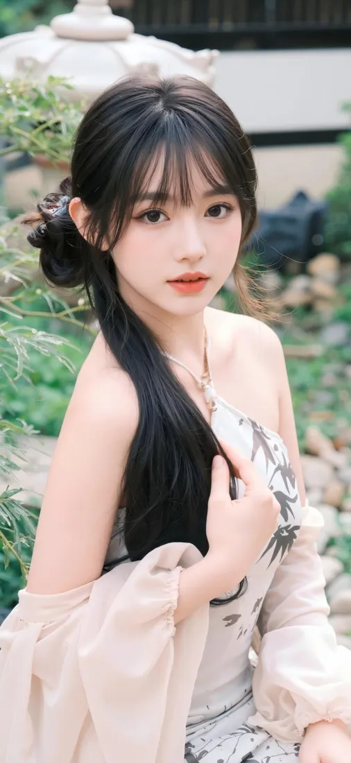 新中式美女手机壁纸｜户外庭院背景图片 - 黑长直水墨裙清纯写真「哲风壁纸」