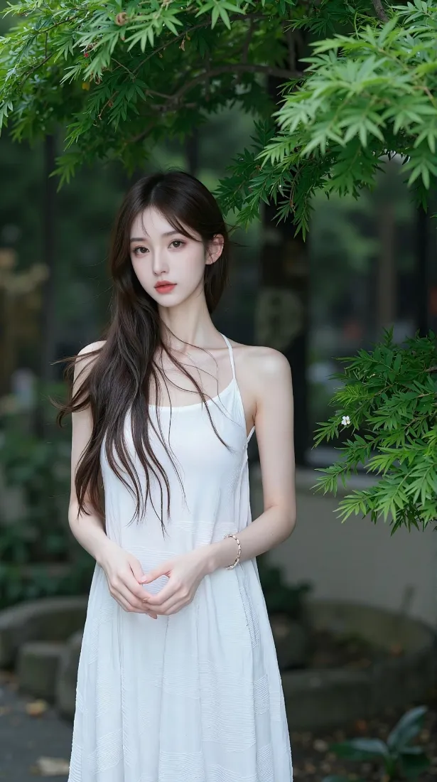 白裙长发美女手机壁纸｜户外绿植背景图片 - 清新氛围感少女写真「哲风壁纸」