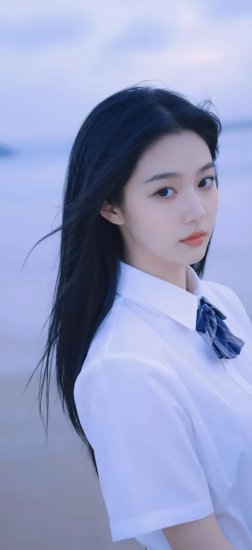 JK少女手机壁纸｜海边氛围感背景图片 - 清冷黑长直白衬衫人像「哲风壁纸」