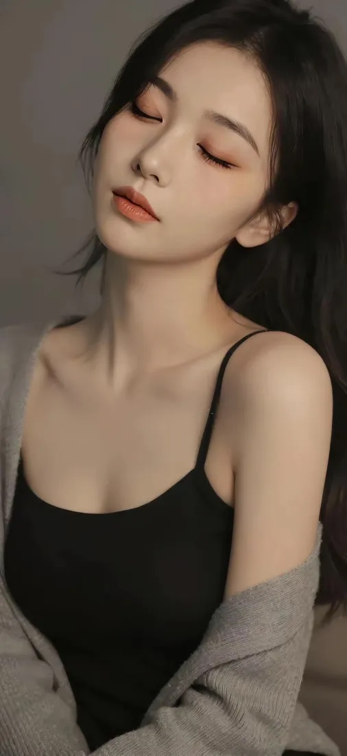 长发美女手机壁纸｜闭眼人像背景图片 - 吊带氛围感写真「哲风壁纸」