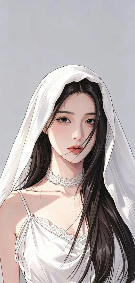 头纱美女手机壁纸｜清冷感背景图片 - 黑长发吊带穿搭「哲风壁纸」