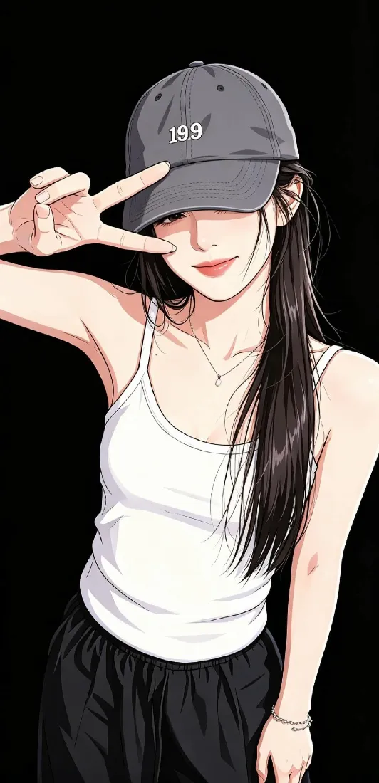棒球帽女生手机壁纸｜黑底手绘背景图片 - 比耶甜酷少女「哲风壁纸」