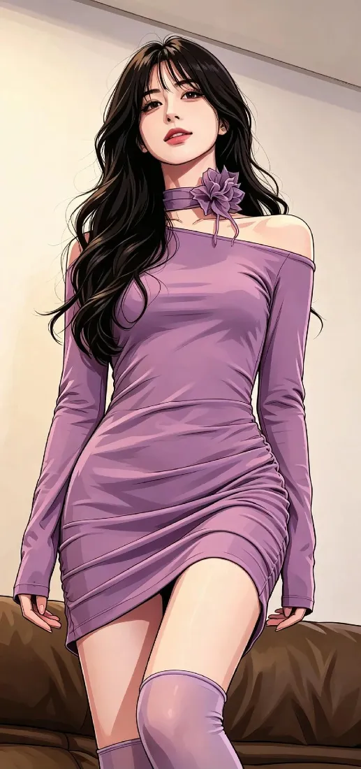 紫裙御姐插画手机壁纸｜室内背景图片 - 长卷发修身包臀裙美女「哲风壁纸」