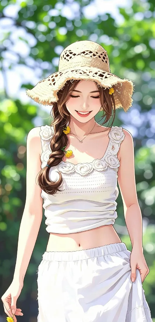 草帽少女手机壁纸｜夏日户外背景图片 - 白裙笑眼清新风「哲风壁纸」