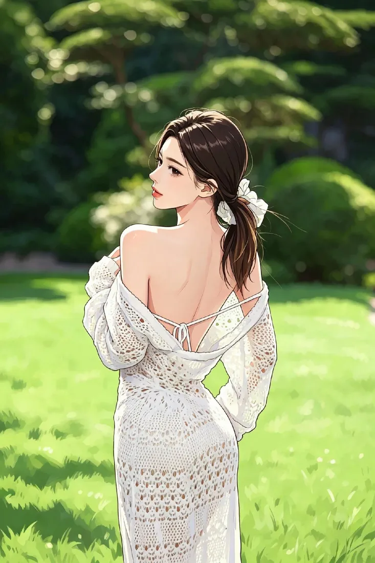 白裙美女手机壁纸｜草地背景图片 - 露背回眸清新插画「哲风壁纸」
