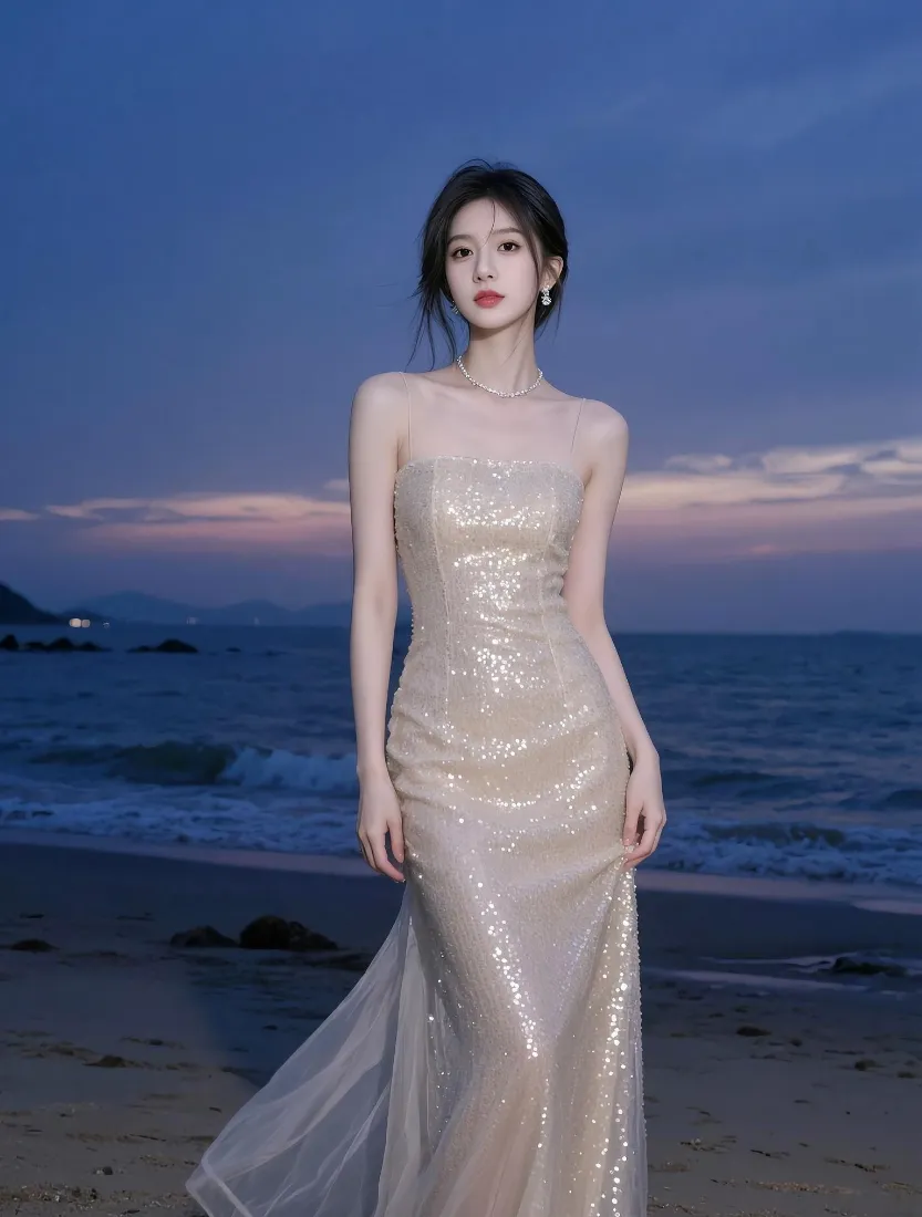香槟色抹胸礼服美女手机壁纸｜海边黄昏背景图片 - 氛围感「哲风壁纸」
