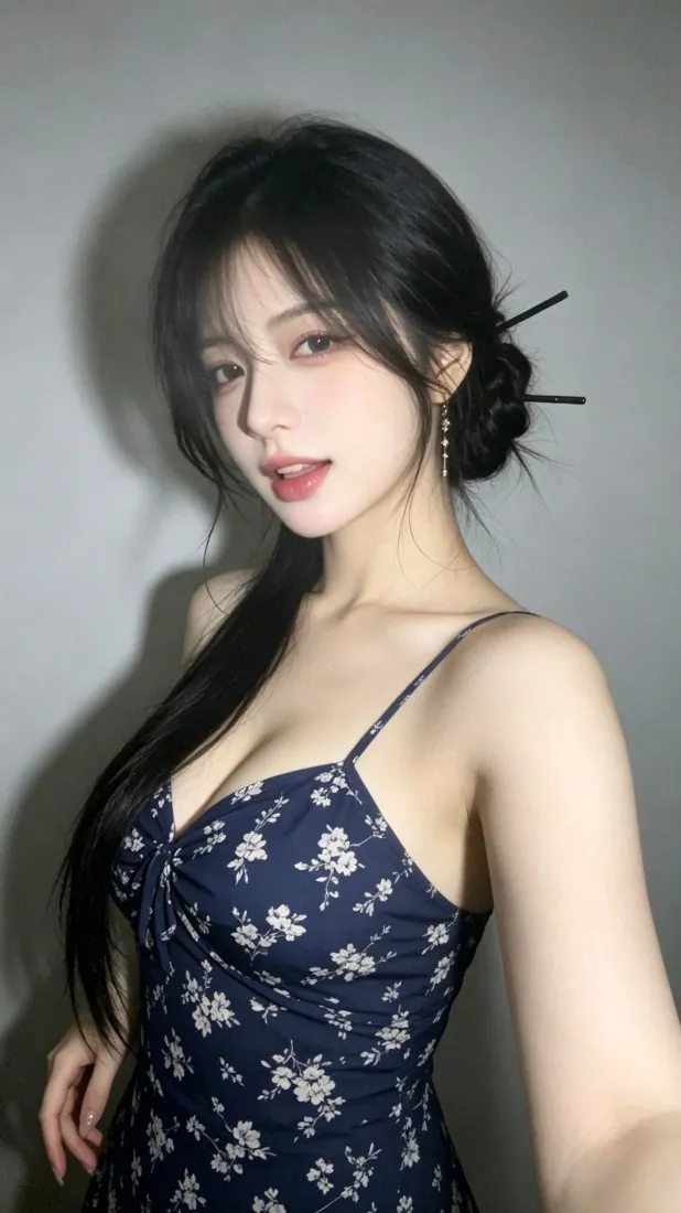 清冷美女手机壁纸｜碎花吊带背景图片 - 新中式盘发御姐「哲风壁纸」