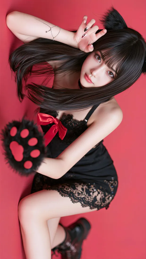 猫耳美女手机壁纸｜红色背景图片 - 黑色蕾丝吊带裙猫爪造型「哲风壁纸」