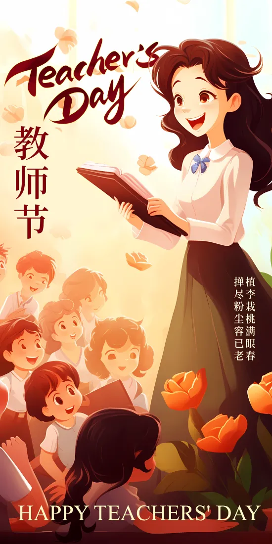 教师节｜卡通插画背景图片 - 女教师学生感恩祝福「哲风壁纸」