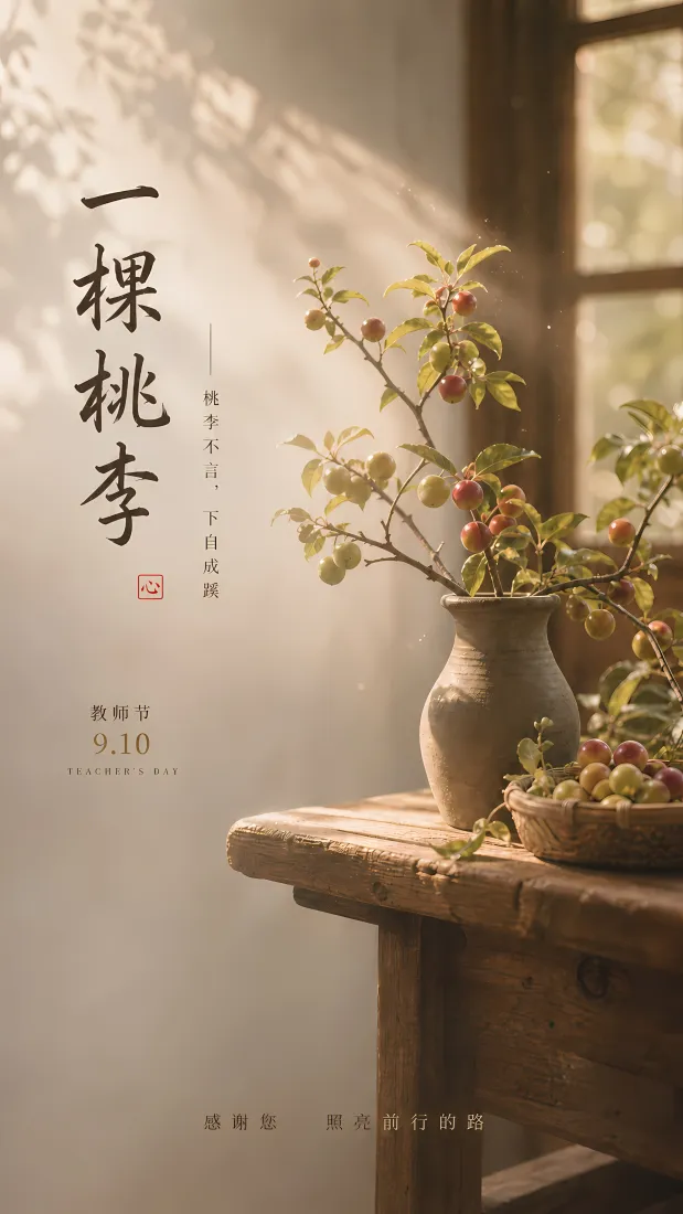 一棵桃李｜教师节背景图片 - 窗畔陶罐插花暖光静谧氛围「哲风壁纸」