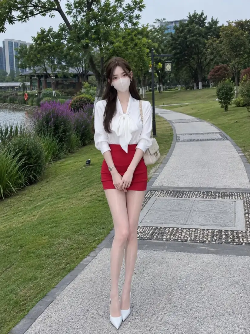 白衬衫红裙美女手机壁纸｜公园步道背景图片 - 长发长腿穿搭「哲风壁纸」