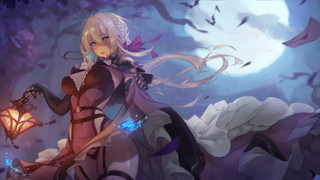 6k银发少女壁纸｜月夜提灯背景图片 - 紫裙梦幻插画「哲风壁纸」