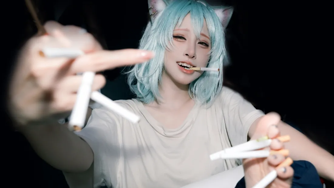 4k香烟壁纸 - 猫耳 - 猫娘 - 蓝发「哲风壁纸」
