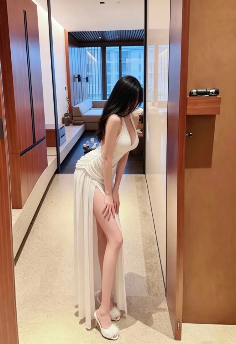 白裙美女手机壁纸｜酒店走廊背景图片 - 开叉长裙御姐「哲风壁纸」