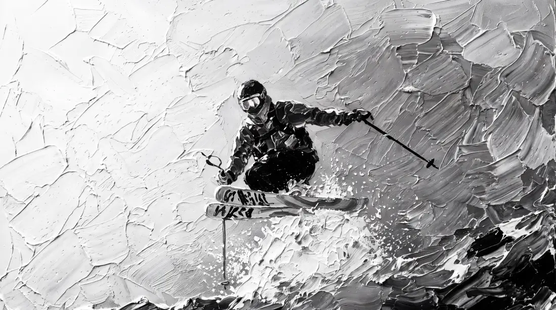 6k滑雪者厚涂油画｜黑白肌理背景图片 - 冬季运动「哲风壁纸」