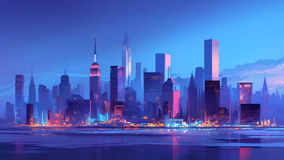 4k城市天际线壁纸｜都市夜景背景图片 - 霓虹水面插画「哲风壁纸」