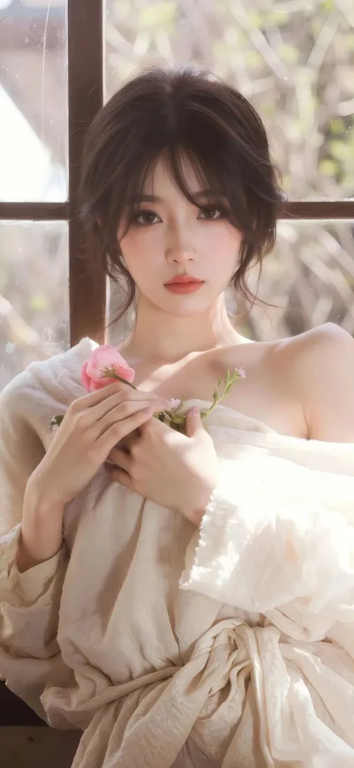 窗边美女手机壁纸｜捧花背景图片 - 温柔氛围感女生写真「哲风壁纸」