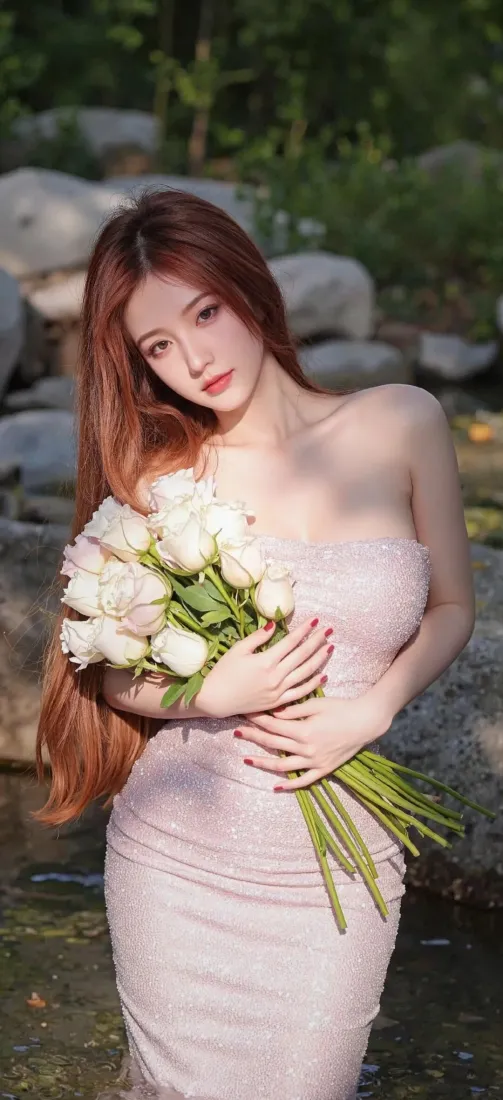 红发美女手机壁纸｜户外写真背景图片 - 抹胸白裙手持白玫瑰「哲风壁纸」