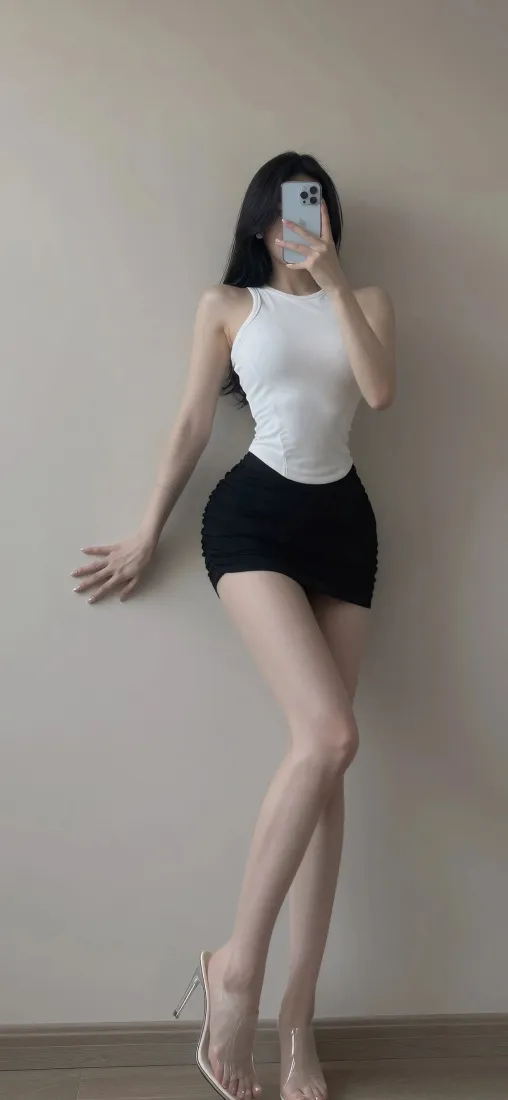 白背心黑裙美女手机壁纸｜对镜自拍背景图片 - 好身材「哲风壁纸」