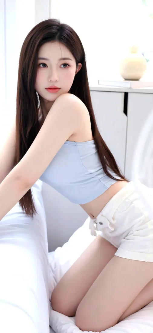 长发美女手机壁纸｜室内清新背景图片 - 抹胸穿搭纯欲风「哲风壁纸」