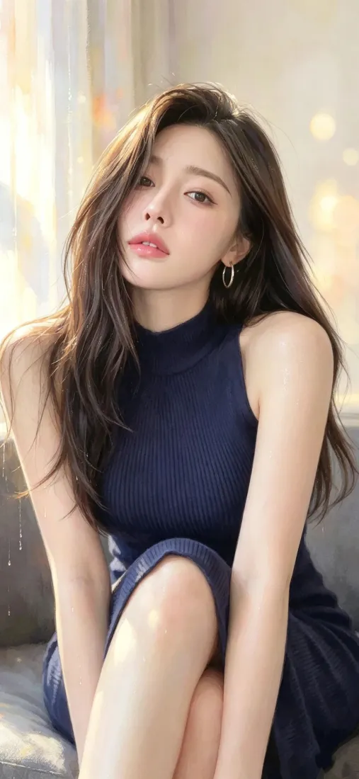 气质美女手机壁纸｜居家背景图片 - 深蓝色无袖裙长发温柔造型「哲风壁纸」