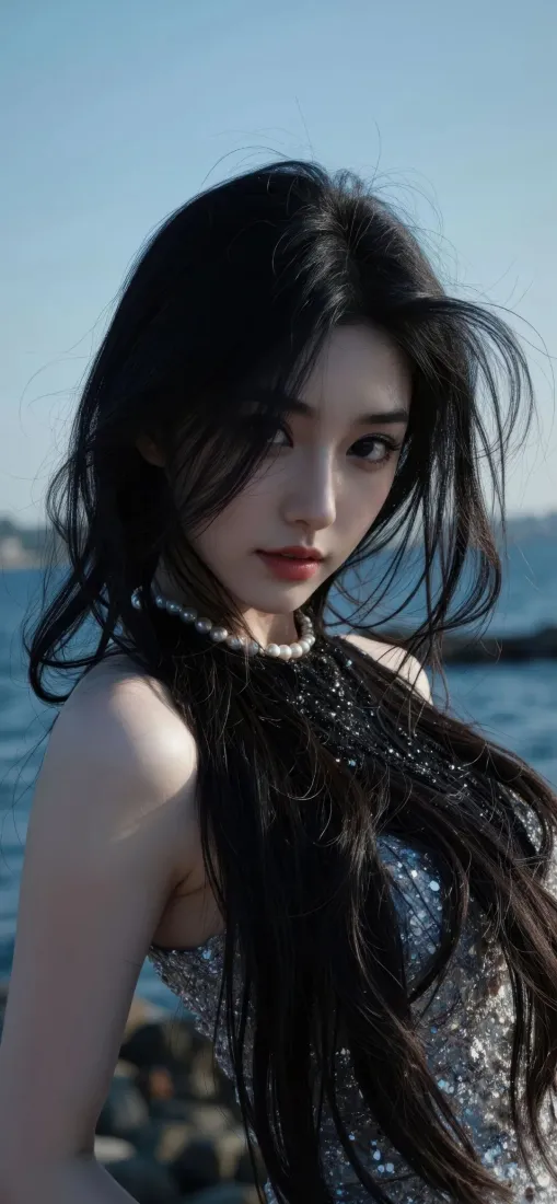 海边美女手机壁纸｜黑发露肩背景图片 - 户外氛围感写真「哲风壁纸」