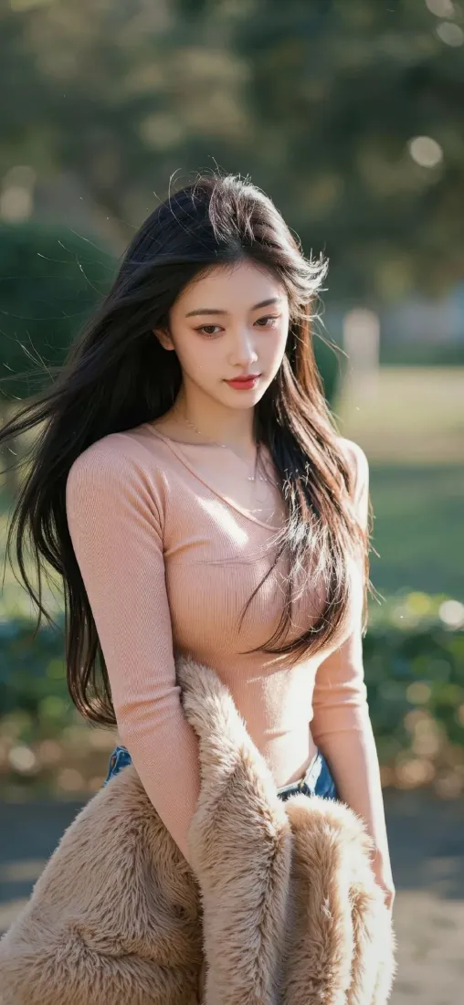 气质美女手机壁纸｜户外写真背景图片 - 粉色上衣长发穿搭「哲风壁纸」
