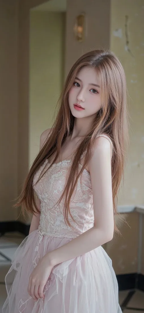 长发美女手机壁纸｜室内背景图片 - 白纱裙温柔少女「哲风壁纸」