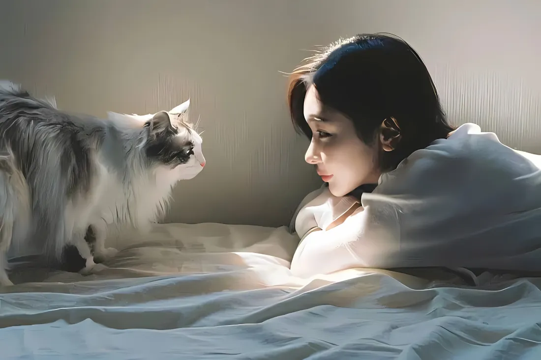 2k美女与布偶猫壁纸｜卧室床上背景图片 - 温馨治愈居家互动场景「哲风壁纸」