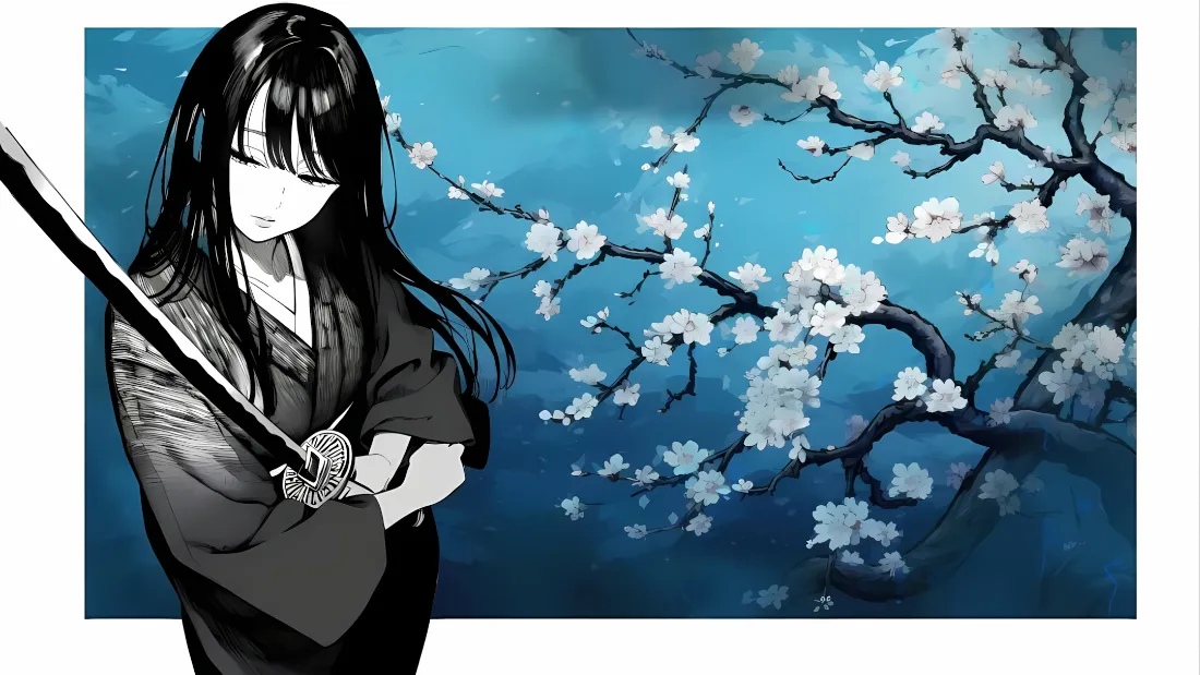 2k长发黑和服女剑士壁纸｜蓝底白梅背景图片 - 冷冽日系二次元插画「哲风壁纸」