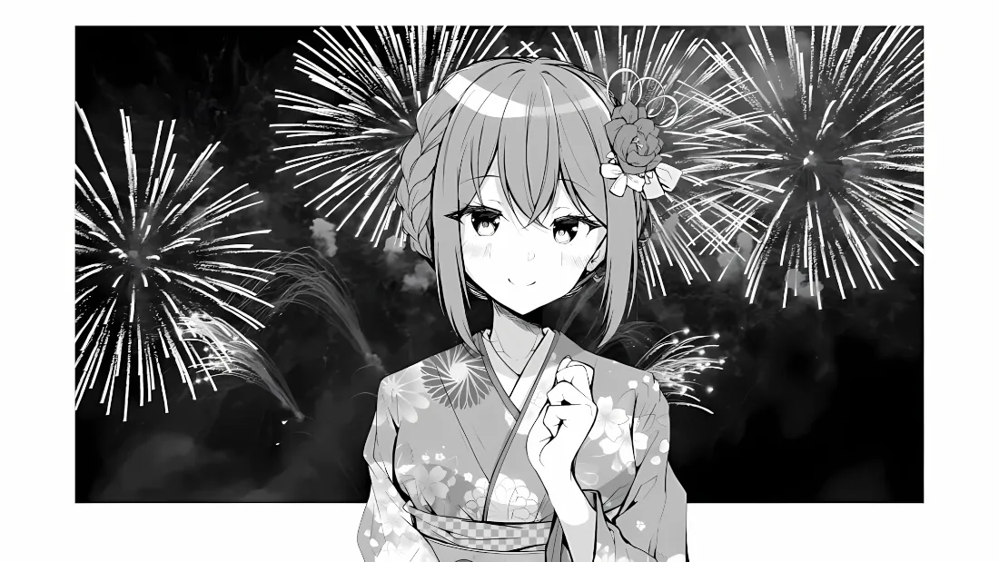 2k和服少女壁纸｜烟花夜景背景图片 - 黑白日系插画「哲风壁纸」