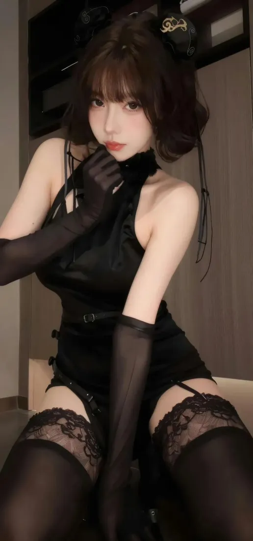 黑裙美女手机壁纸｜室内写真背景图片 - 黑丝穿搭「哲风壁纸」