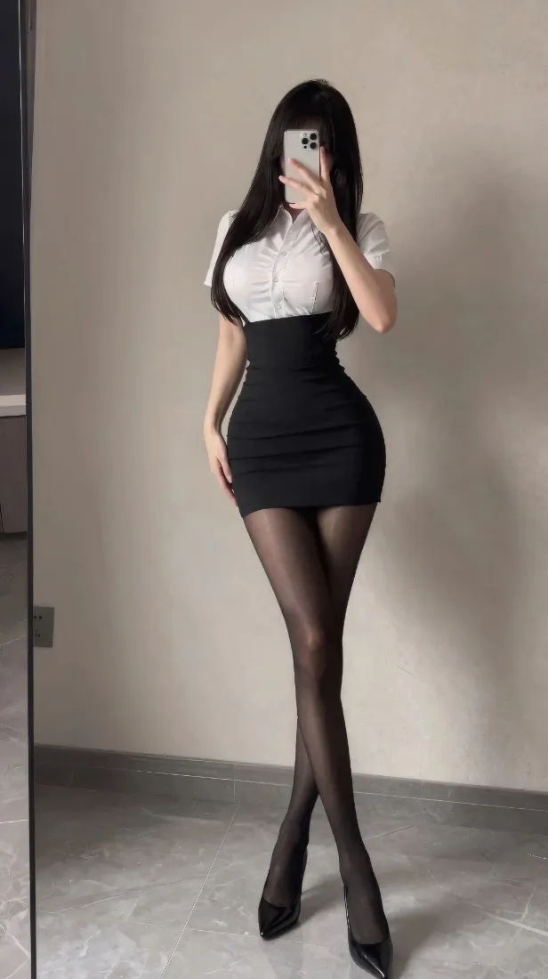 OL美女手机壁纸｜黑丝包臀裙背景图片 - 御姐风对镜自拍「哲风壁纸」