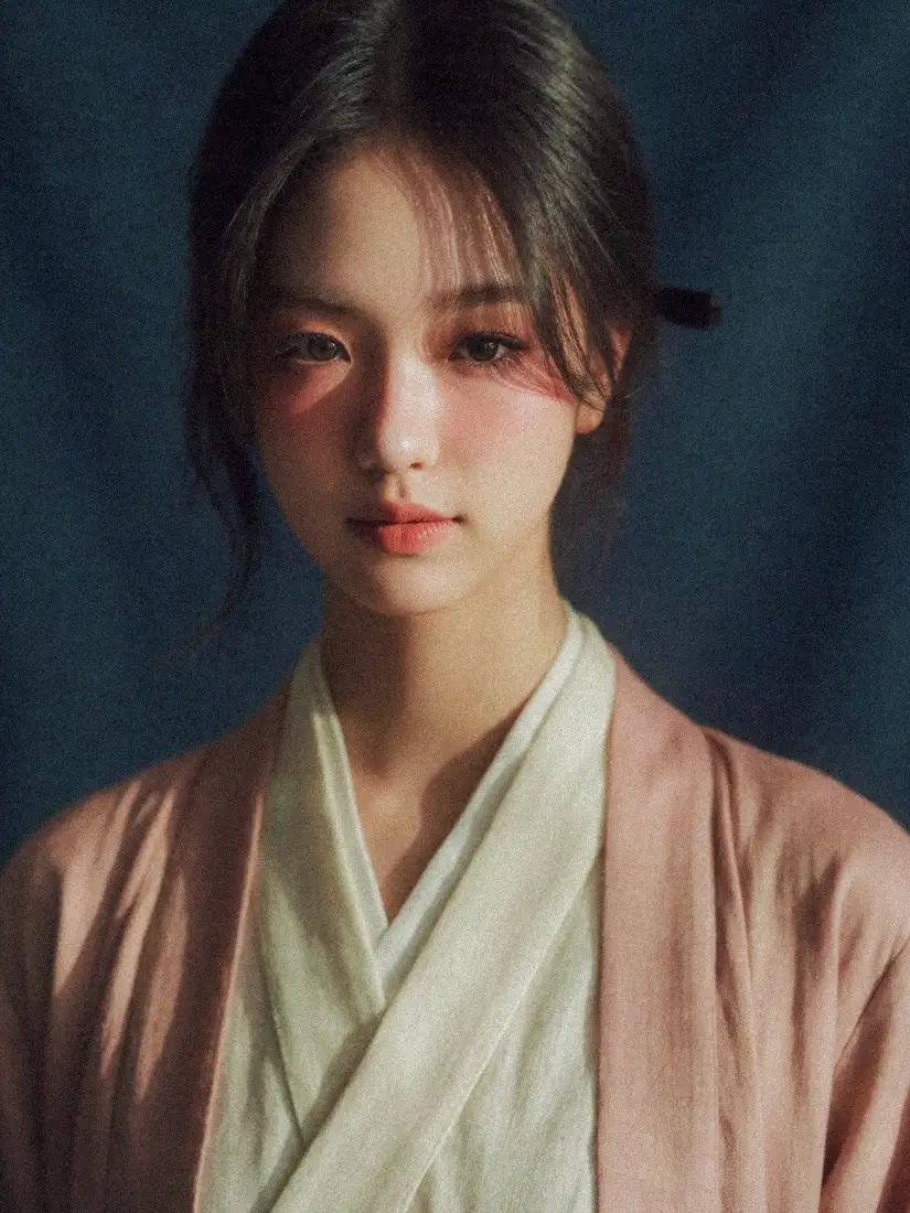 古风汉服美女手机壁纸｜深蓝色背景图片 - 粉衣白衫温柔少女「哲风壁纸」