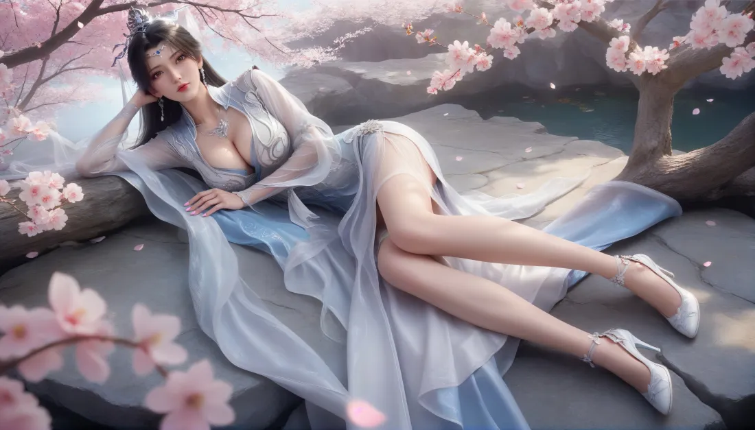 6k李慕婉壁纸｜桃花树下背景图片 - 古风白衣卧姿仙侠美女「哲风壁纸」