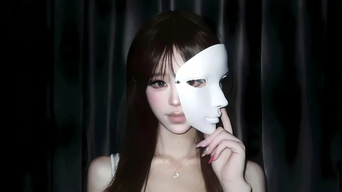 4k面具美女壁纸｜暗调背景图片 - 长发清冷氛围感人像「哲风壁纸」