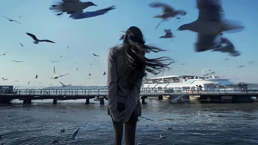 4k海边海鸥壁纸｜长发女生背影背景图片 - 码头游轮蓝天海景「哲风壁纸」