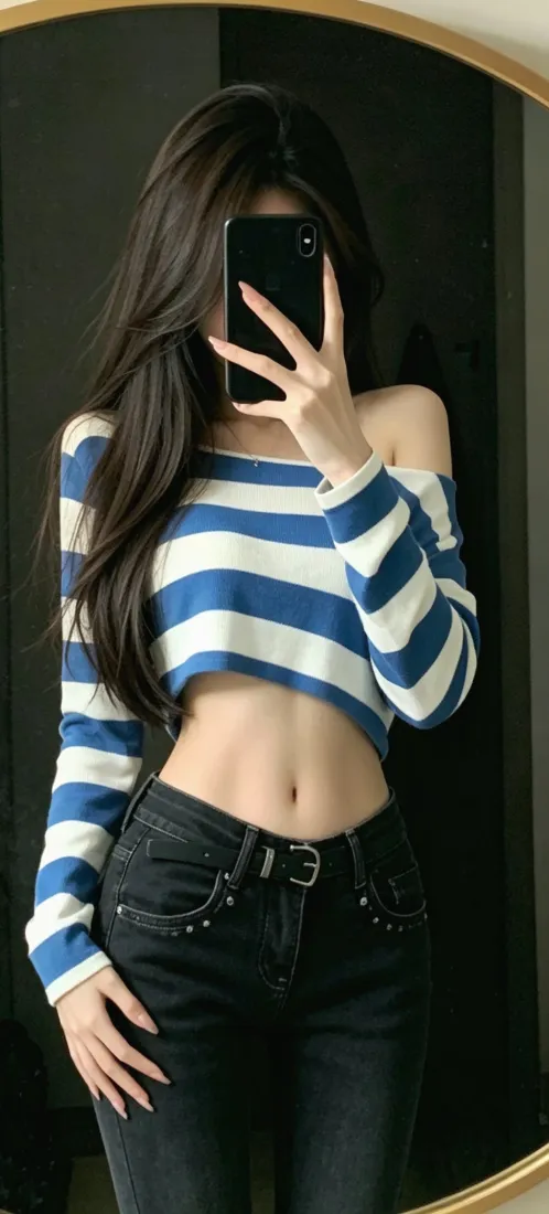 辣妹对镜自拍手机壁纸｜蓝白条纹上衣背景图片 - 露腰穿搭「哲风壁纸」