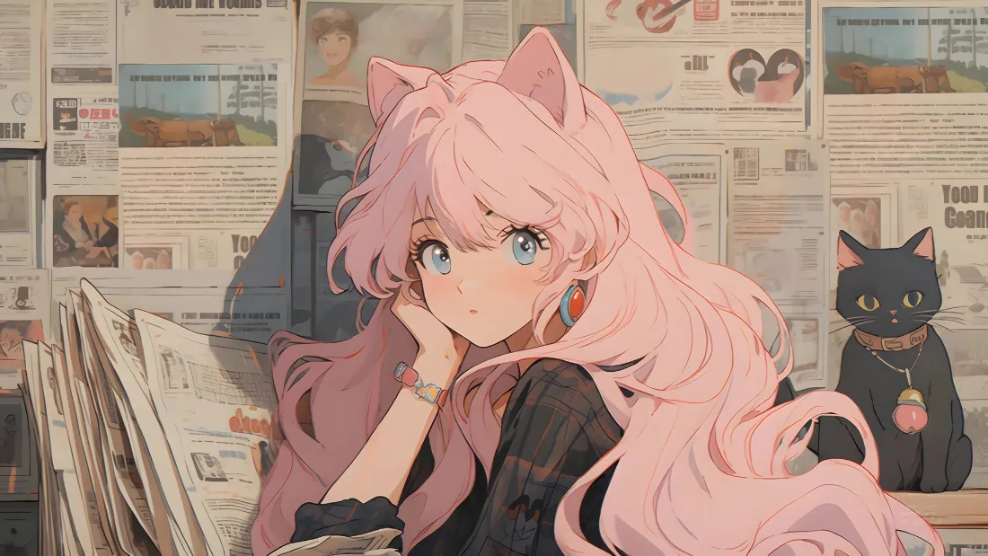 2k猫耳少女壁纸｜报纸墙背景图片 - 粉发托腮黑猫摆件「哲风壁纸」