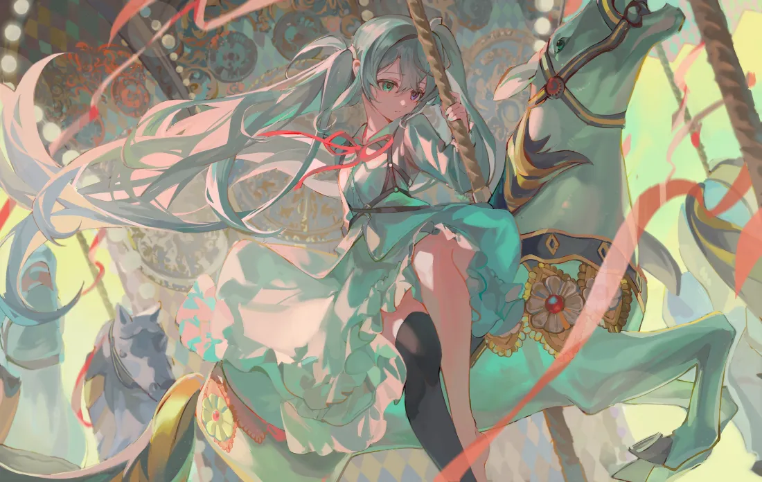 3k初音未来壁纸｜旋转木马背景图片 - 绿裙丝带插画「哲风壁纸」