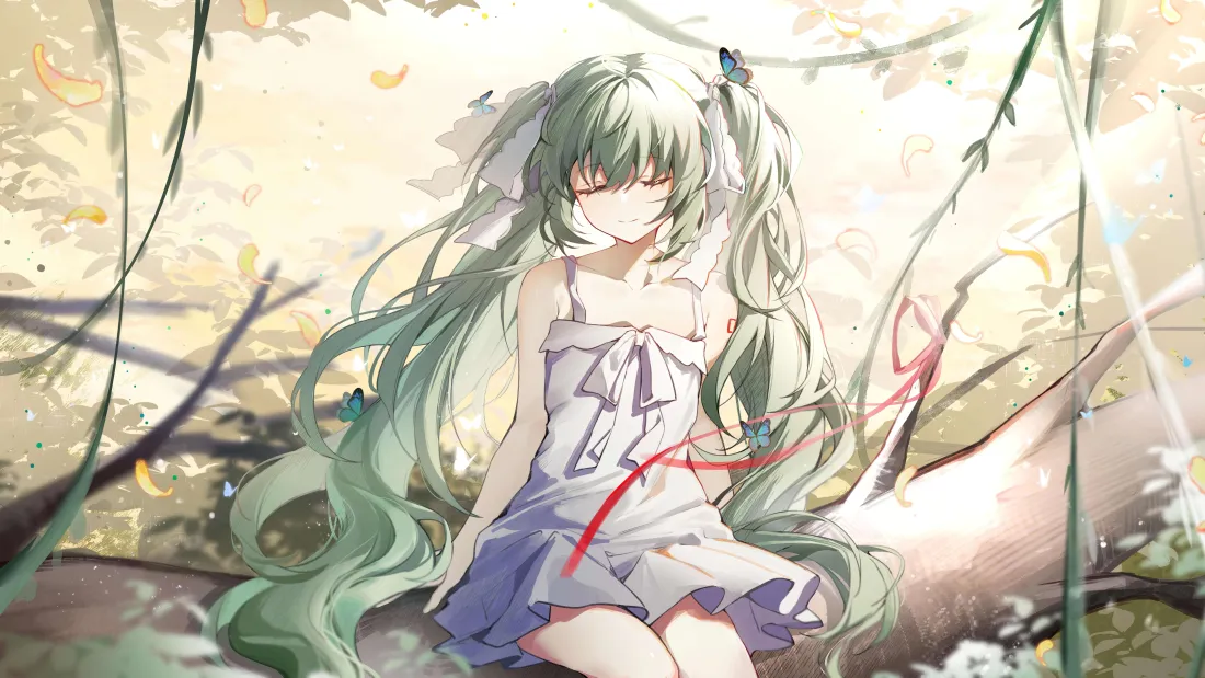 7k初音未来壁纸｜林间休憩背景图片 - 吊带裙双马尾少女「哲风壁纸」